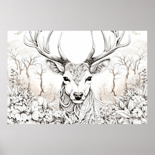 Stag Deer Friedlich Nature Prairie Sketch Zeichnen Poster