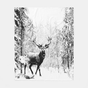 Stag Deer Winter Forest Wildlife Tierwelt Kunst, D Fleecedecke