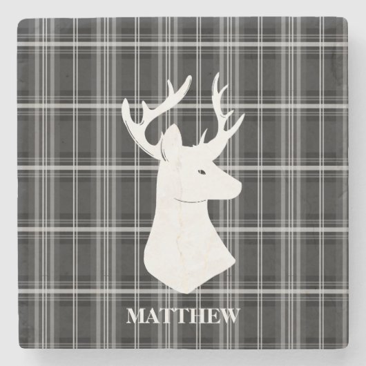 Stag Head auf Schwarz/Weiß Kariert Steinuntersetzer (Vorderseite)