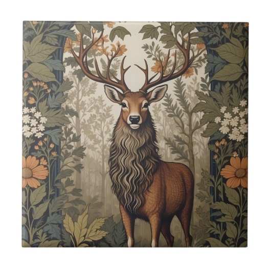 Stag im Wald William Morris Inspiriert Fliese (Vorderseite)