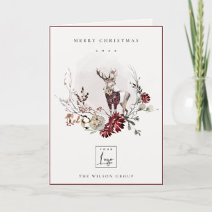 Stag Marsala Foliage Wreath Frohe Weihnachtslogos Feiertagskarte