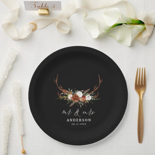 Stag rustic botanische Hochzeit mr und mrs script Pappteller (Hochzeit)