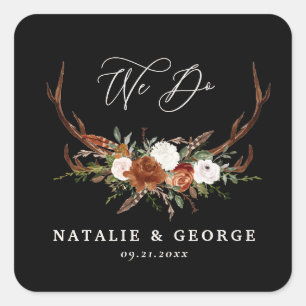 Stag rustikale botanische Hochzeit schwarz botanis Quadratischer Aufkleber