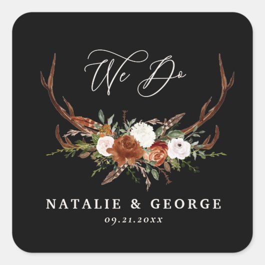 Stag rustikale botanische Hochzeit schwarz botanis Quadratischer Aufkleber (Vorderseite)