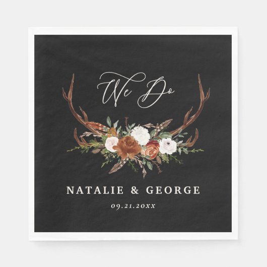 Stag rustikale botanische Hochzeit schwarz chic fl Serviette (Vorderseite)