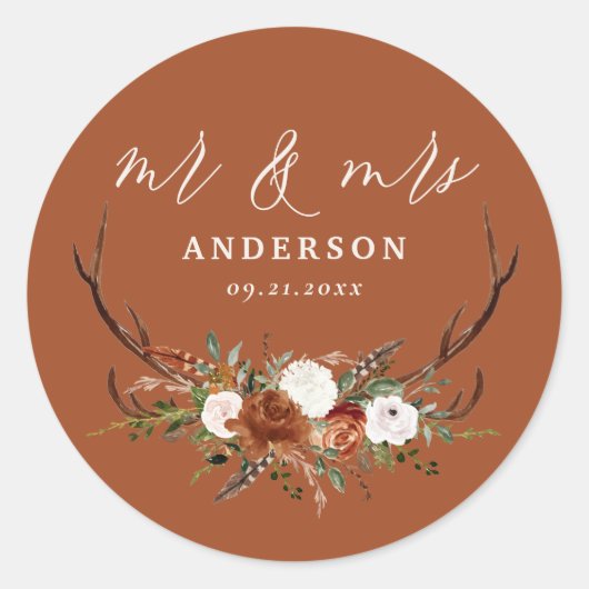 Stag rustikale botanische Hochzeit schwarz Terrako Runder Aufkleber (Vorderseite)