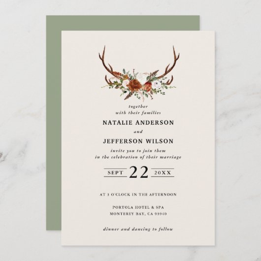 Stag sage grün Blumen rustikal elegant modern Einladung (Vorne/Hinten)