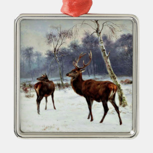 Stag und Dog in einer verschneiten Landschaft Ornament Aus Metall