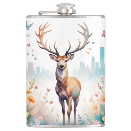 Stag Vintage Blume des Tierschutzes Art Flachmann (Vorderseite)