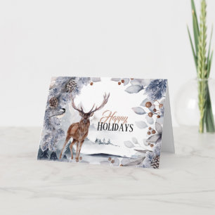 Stag Winter Kiefernkegel Waldlandschaft Aquarell Karte