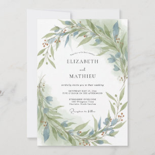 Stahl-Oliv-Laub-Eukalyptus-Hochzeit Einladung