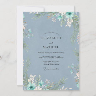 Stahl-Teal-Laub-Eukalyptus-Hochzeit Einladung