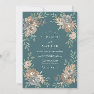 Stahl-Teal-Ranunculus-Eukalyptus-Hochzeit Einladung