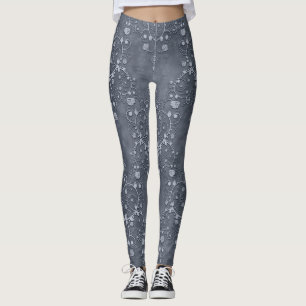 Stahl-/Zinn-Grau und Hellgrau Florales Damast Leggings