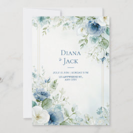 Stahlblau Botanical Roségold Doppelrahmen Einladung