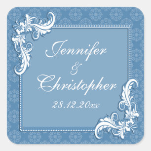 Stahlblau-Damast und Blumenrahmen-Hochzeit Quadratischer Aufkleber