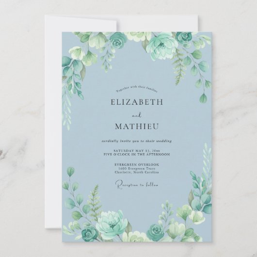 Stahlblaue Blatt-Hochzeit Einladung (Vorderseite)