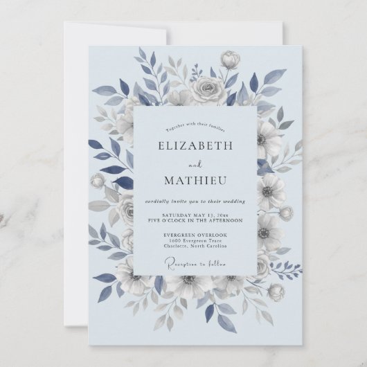 Stahlblaue Blätterhochzeit Einladung (Vorderseite)