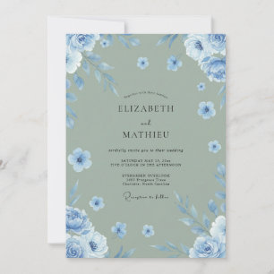 Stahlblaue Blütenhochzeit Einladung