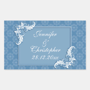 Stahlblaue Damast- und Blumenrahmen-Hochzeit Rechteckiger Aufkleber