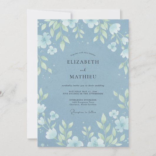 Stahlblaue Hochzeit mit Blättern Einladung (Vorderseite)