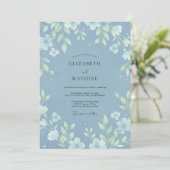 Stahlblaue Hochzeit mit Blättern Einladung (Stehend Vorderseite)