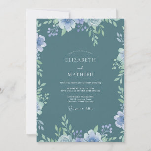 Stahlblaue Immergrün-Wildblumen-Hochzeit Einladung