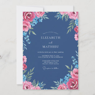 Stahlblaue Magenta-Dahlie Hochzeit Einladung