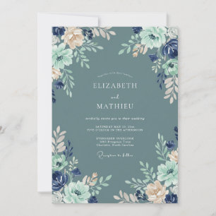 Stahlblaue Minz-Blumenhochzeit Einladung