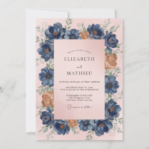 Stahlblaue Pfingstrosen-Hochzeit Einladung