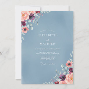 Stahlblaue Pflaumen-Aquarell-Hochzeit Einladung