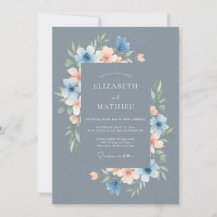 Stahlblaue zarte Blumenhochzeit Einladung