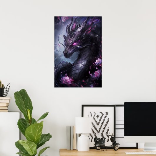 Stahldrache in Blume - Dunkel Cool Poster (Heimbüro)
