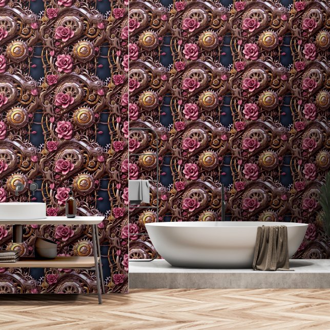 Stahlgetriebe und rosa Rosen Tapete (Badezimmer)