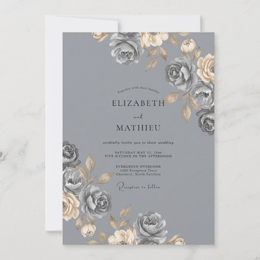 Stahlgraue Rose-Hochzeit Einladung (Vorderseite)