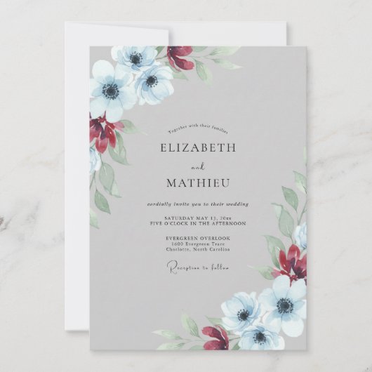 Stahlrote Mohn-Hochzeit Einladung (Vorderseite)