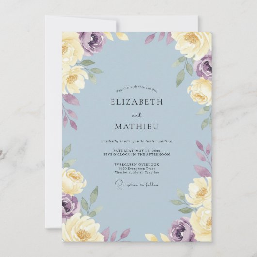 Stahlviolette Hochzeitsblüte Einladung (Vorderseite)