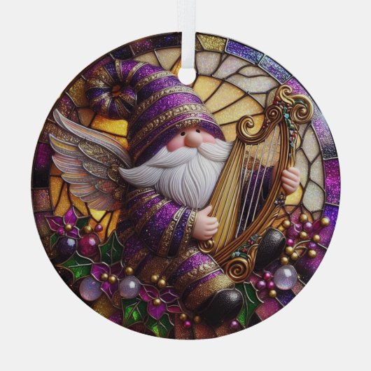 Stain Glass Angel Gnome Playing Harp Ornament Aus Glas (Rückseite)