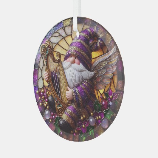 Stain Glass Angel Gnome Playing Harp Ornament Aus Glas (Vorderseite links)