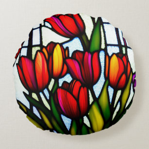 "Stained Glass Blooms: Bleiglas-Tulpen in Farbe" Rundes Kissen