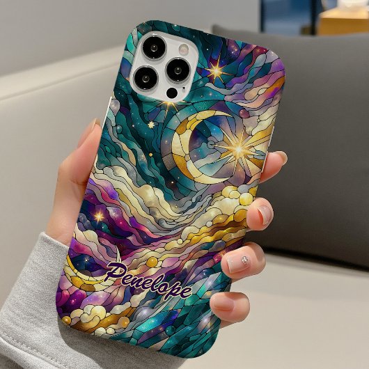 Stained glass blue green moon Case-Mate iPhone hülle