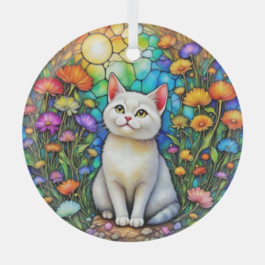 Stained-Glass Cat and Wildflowers Glass Ornament Aus Glas (Vorderseite)