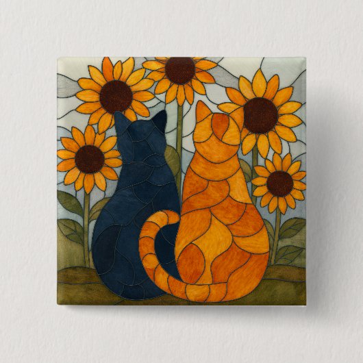 Stained Glass Cats and Sunflowers Art Design Button (Vorderseite)