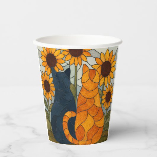 Stained Glass Cats and Sunflowers Art Design Pappbecher (Vorderseite)