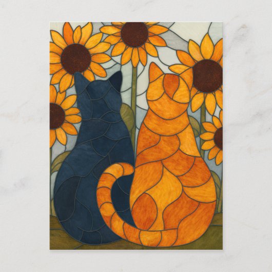 Stained Glass Cats and Sunflowers Art Design Postkarte (Vorderseite)