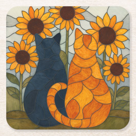 Stained Glass Cats and Sunflowers Art Design Rechteckiger Pappuntersetzer (Vorderseite)