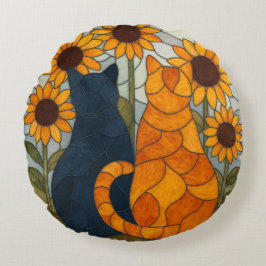 Stained Glass Cats and Sunflowers Art Design Rundes Kissen