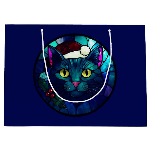 Stained-Glass Christmas Black Cat In Red Hat Große Geschenktüte (Vorderseite)