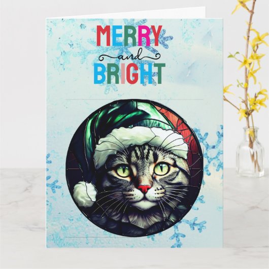Stained-Glass Christmas Grey Tabby In Green Hat Karte (Gelbe Blume)