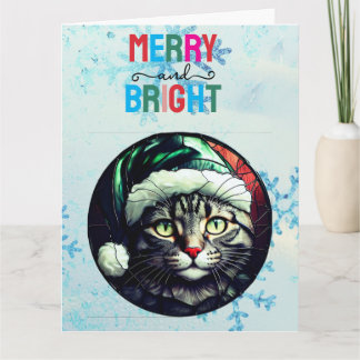 Stained-Glass Christmas Grey Tabby In Green Hat Karte